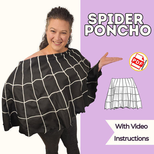 Spider poncho sewing pattern cover with a woman in a black poncho with white spider web lines, with video instructions