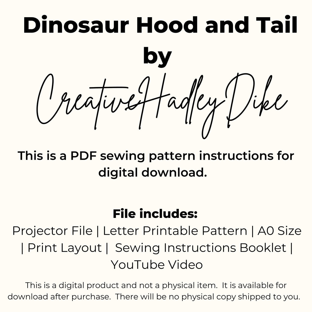 Dinosaur hood and tail PDF patterns by Creative HadleyDike: projector, letter and A0 files, instructions and video