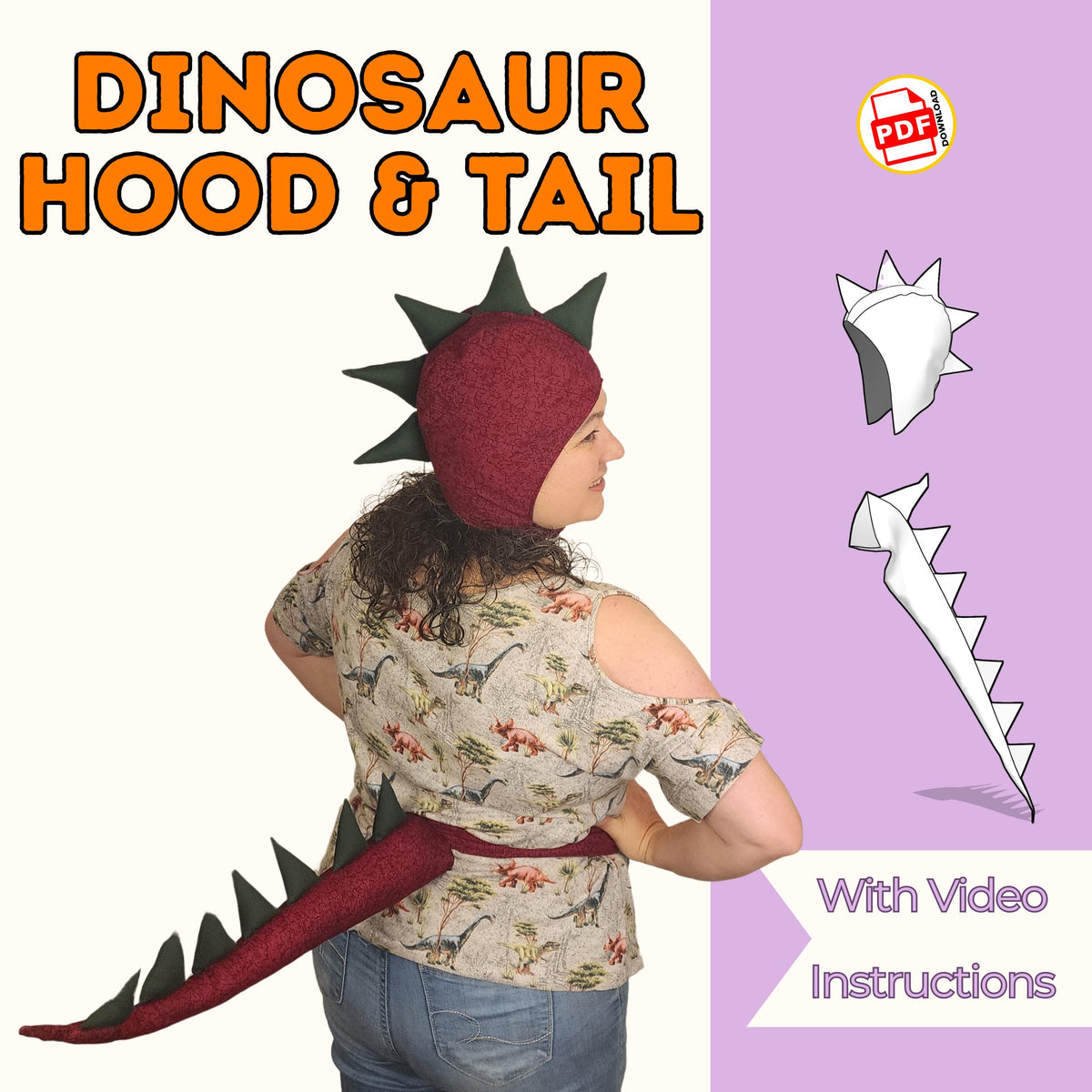 Dinosaur hood and tail sewing pattern set cover with a woman in a red spiked hood and matching dinosaur tail, with video