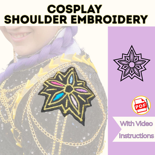 Cosplay shoulder embroidery pattern cover showing a gold star flower embroidered on a black sequin K-pop inspired costume jacket