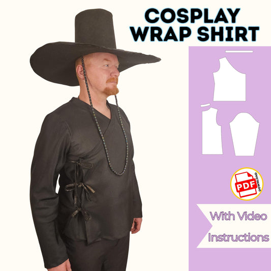 Cosplay wrap shirt sewing pattern cover with a man in a dark side-tie wrap shirt and tall wide-brim hat, with video