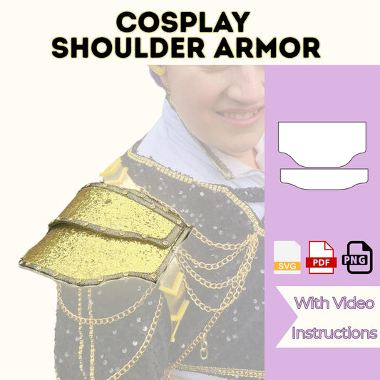 Cosplay shoulder armor template cover showing gold glitter shoulder armor on a black K-pop inspired costume, SVG, PDF and PNG