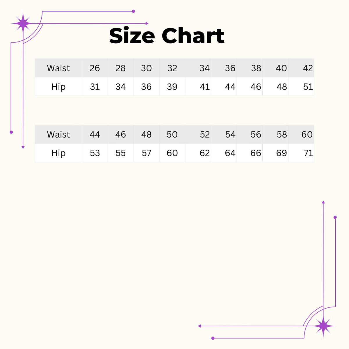 Warrior outfit size chart for waist sizes 26 to 60 with hip measurements