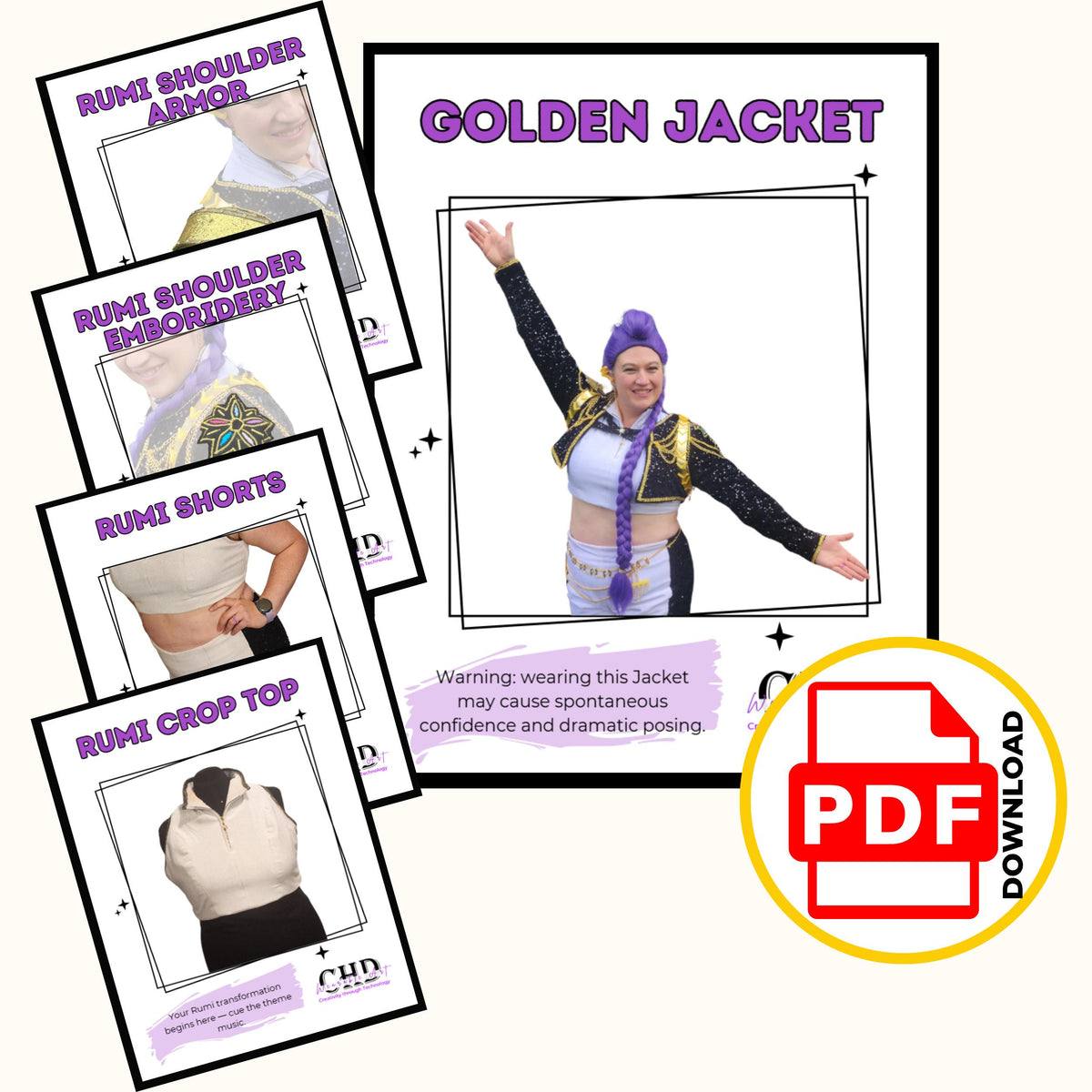 Warrior outfit bundle PDF pattern covers: golden jacket, shoulder armor, shoulder embroidery, shorts and crop top