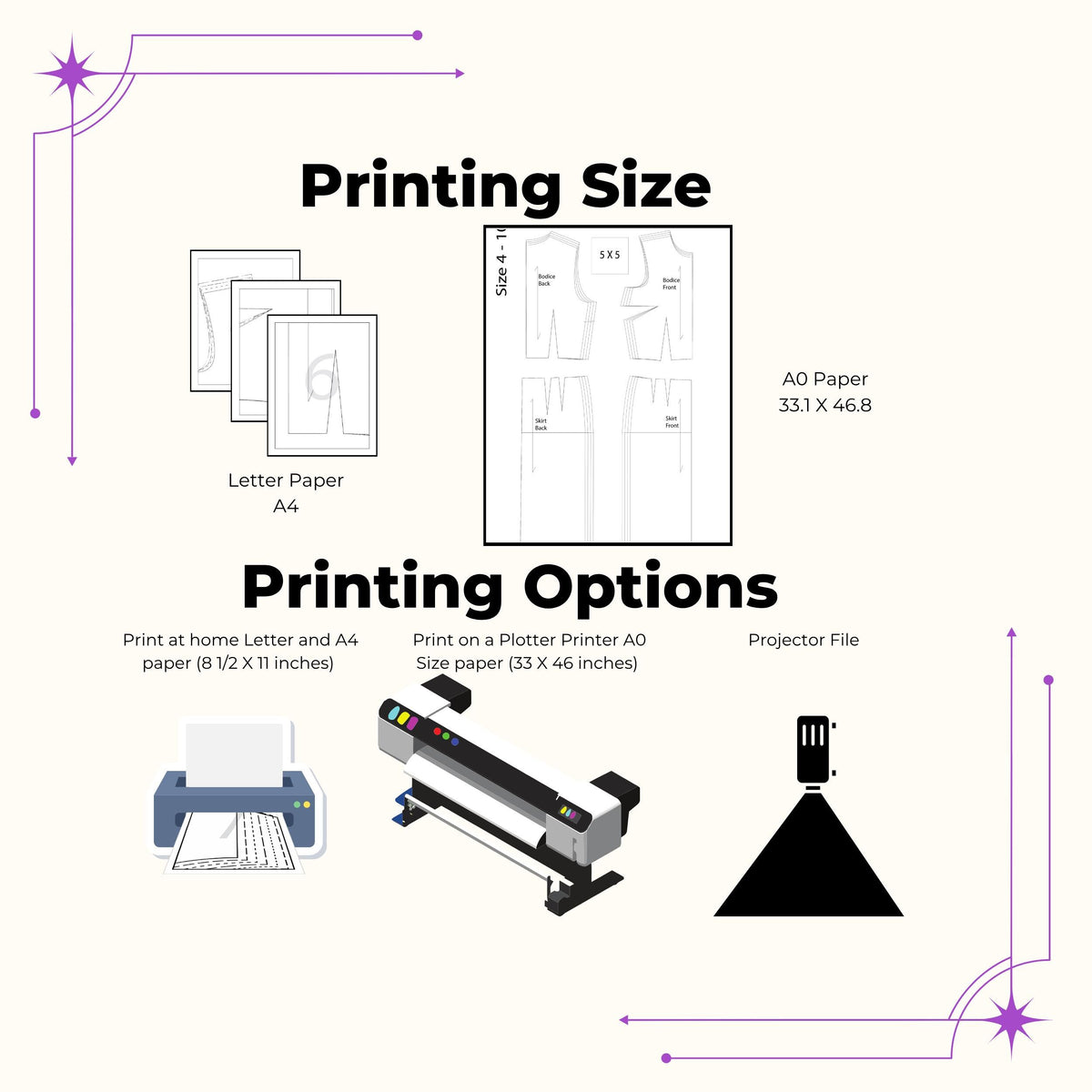 Printing size and options for the warrior outfit bundle: letter, A4, A0 plotter or projector