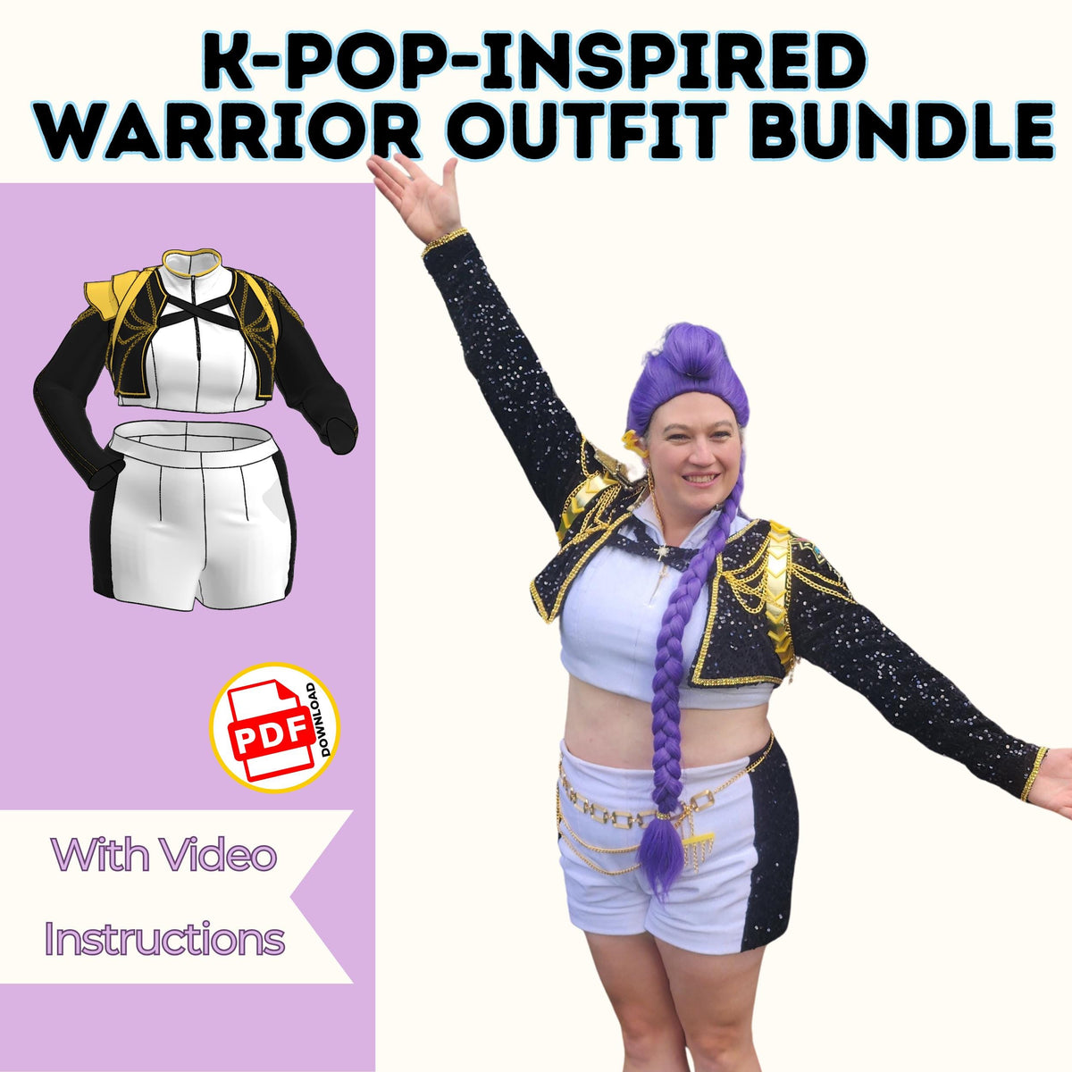 K-pop inspired warrior outfit bundle: woman in purple wig wearing the golden jacket, crop top and shorts, with video