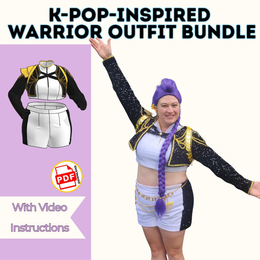 K-pop inspired warrior outfit bundle: woman in purple wig wearing the golden jacket, crop top and shorts, with video