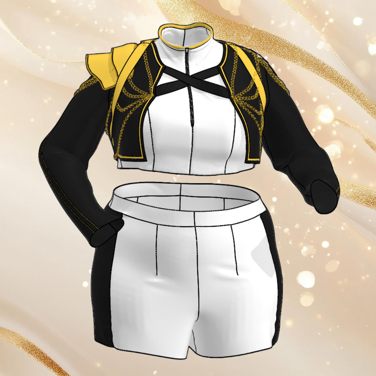 3D rendering of the black and gold cropped jacket, white crop top and white shorts