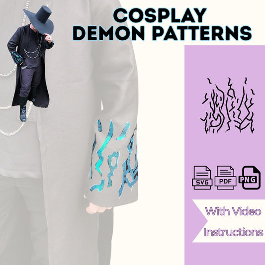 Cosplay demon patterns: teal flame appliqué designs on the sleeve of a black cosplay cloak, SVG, PDF and PNG