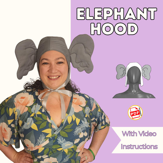 Elephant hood sewing pattern cover with a smiling woman in a gray elephant ear hood, with video instructions