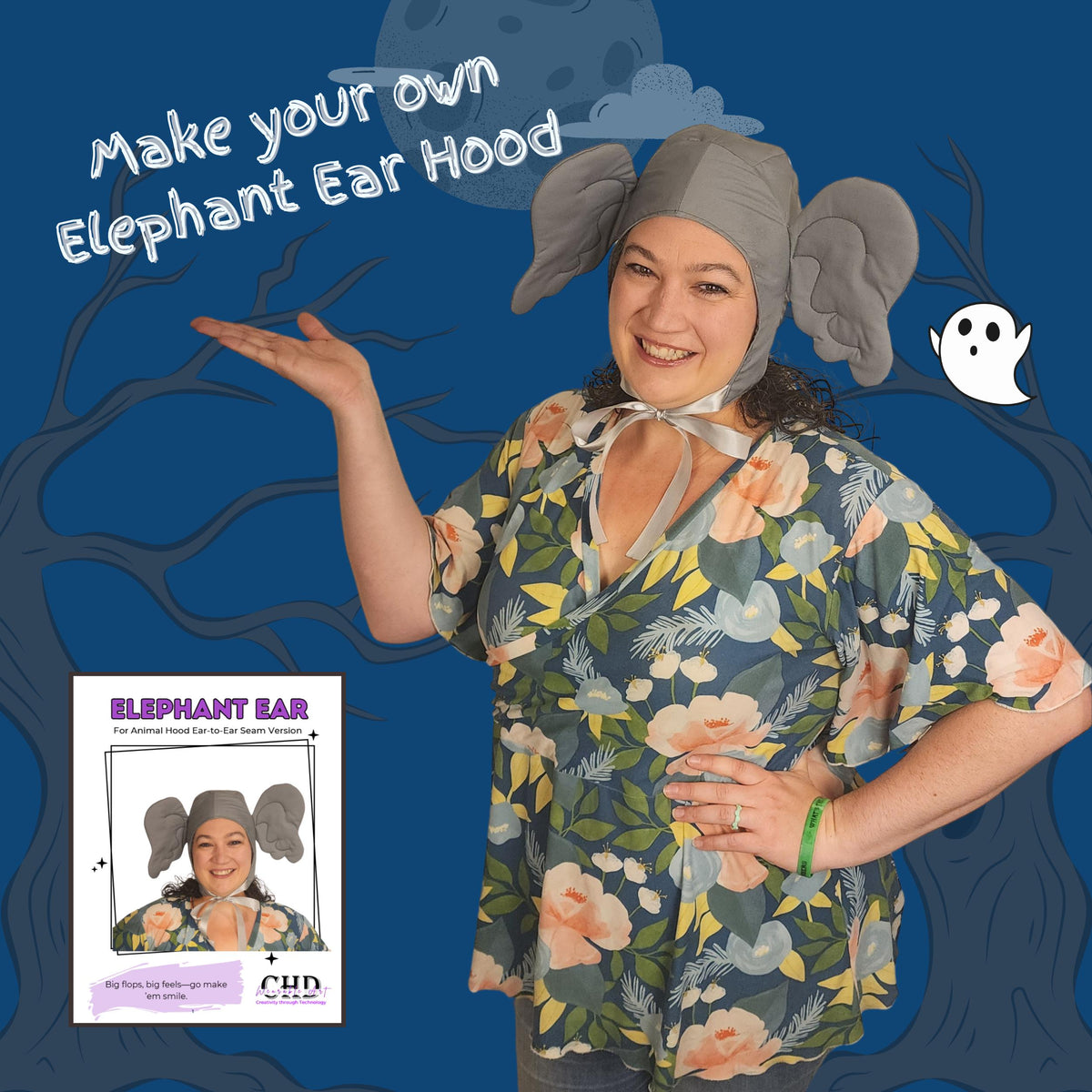 Woman in a gray elephant ear hood: make your own elephant ear hood