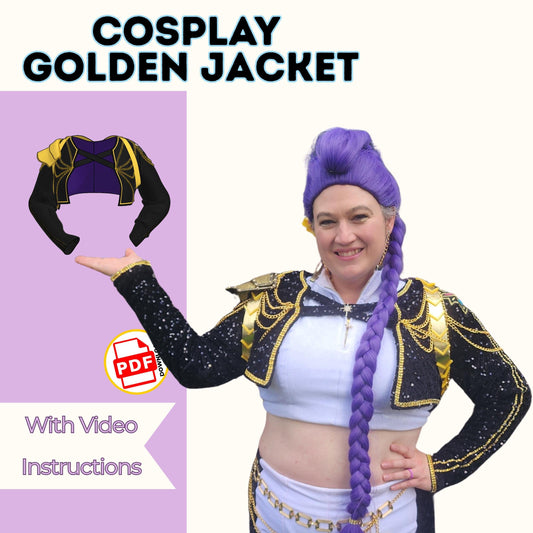 Cosplay golden jacket sewing pattern cover with a woman in a purple wig wearing a black and gold cropped K-pop jacket, with video