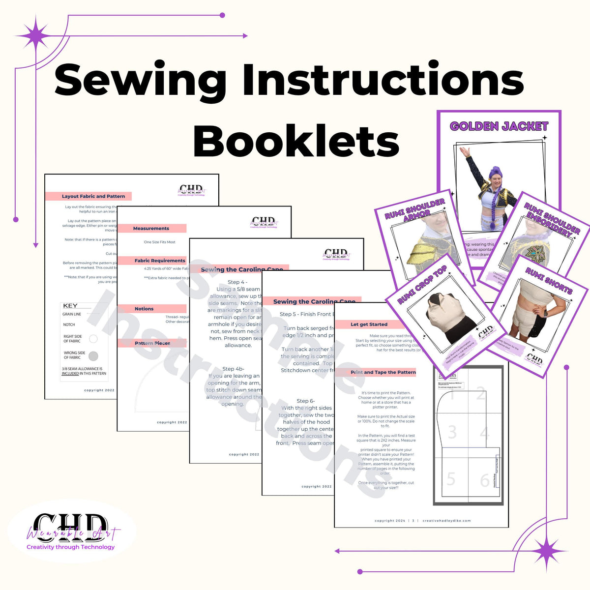 Sewing instructions booklets for all five warrior outfit patterns