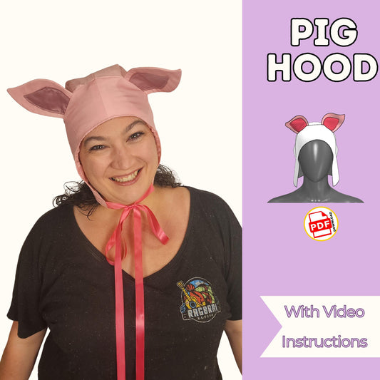 Pig hood sewing pattern cover with a smiling woman in a pink pig ear hood with ribbon ties, with video instructions