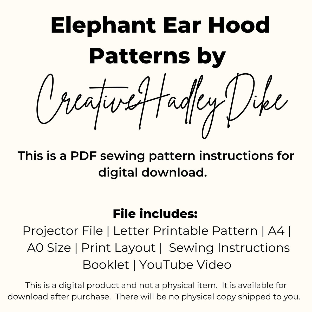 Elephant ear hood patterns by Creative HadleyDike: projector, letter, A4 and A0 files, instructions and YouTube video
