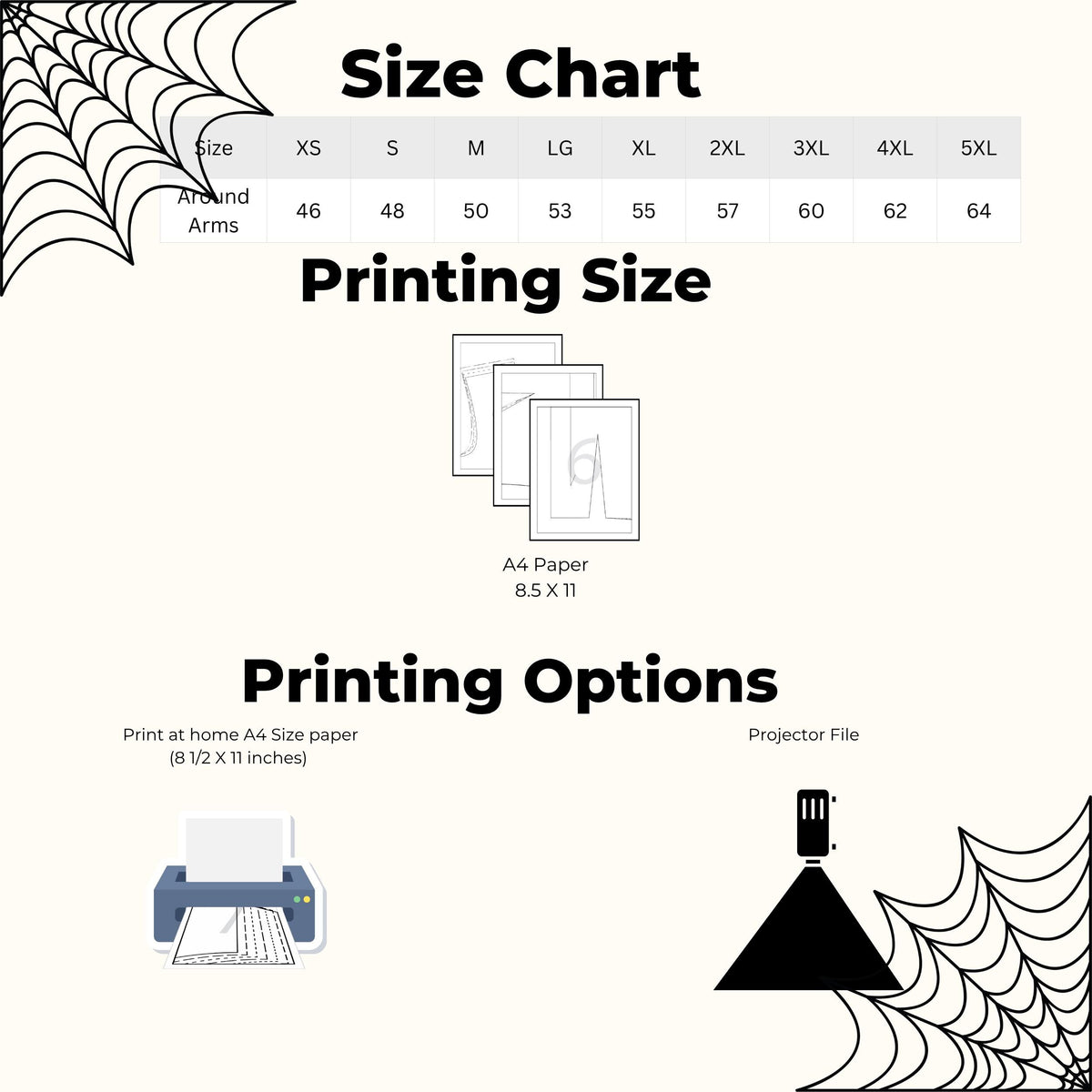 Elephant hood size chart XS to 5XL with printing options for A4 or letter paper or projector