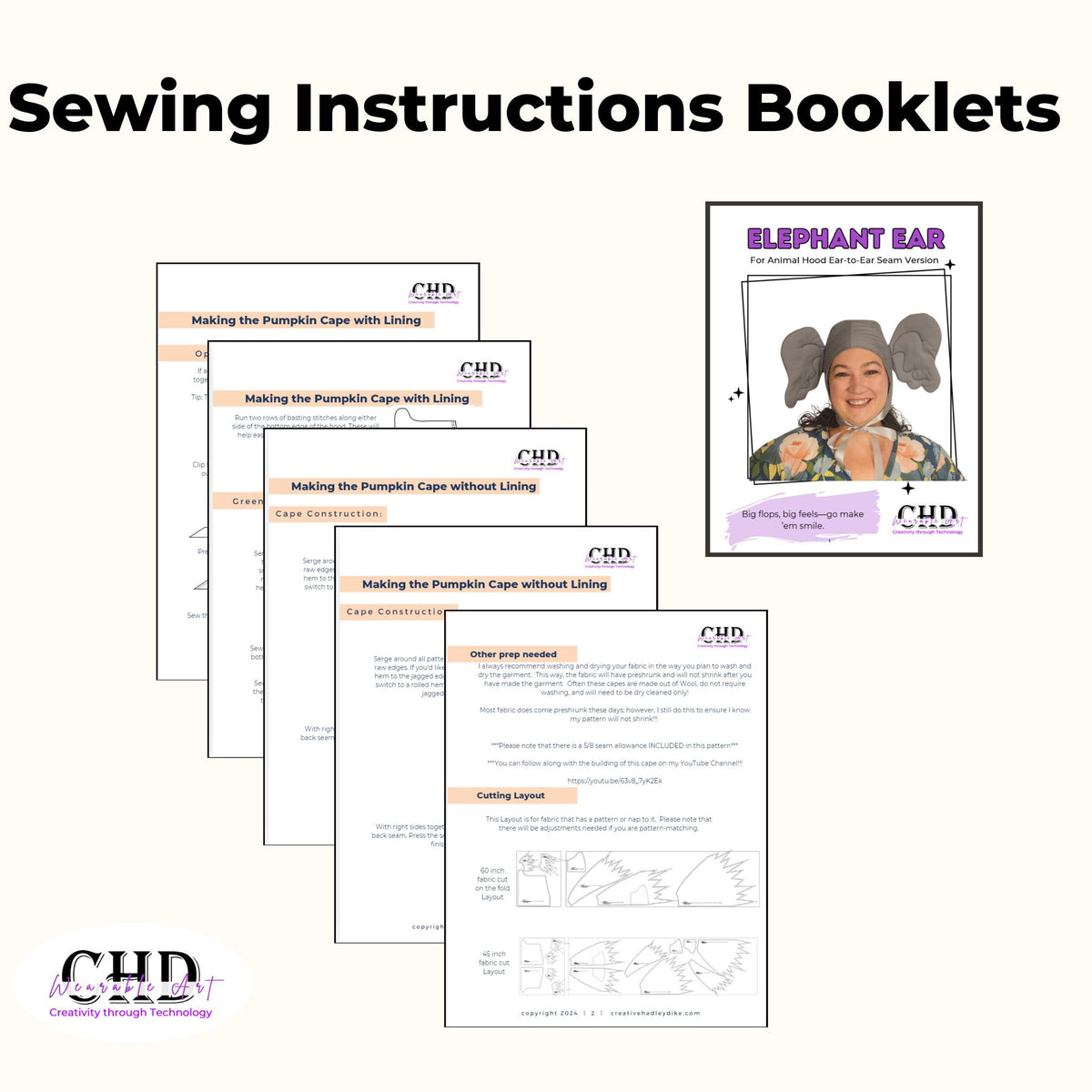 Sewing instructions booklet pages for the elephant ear hood pattern