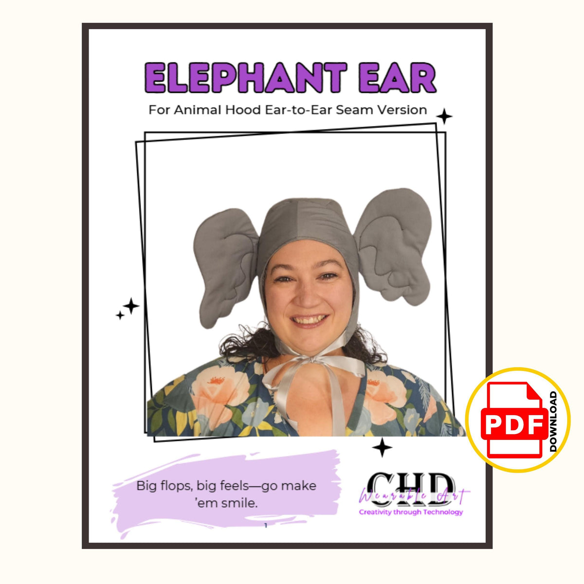 Elephant ear hood PDF pattern cover, ear-to-ear seam version: big flops, big feels