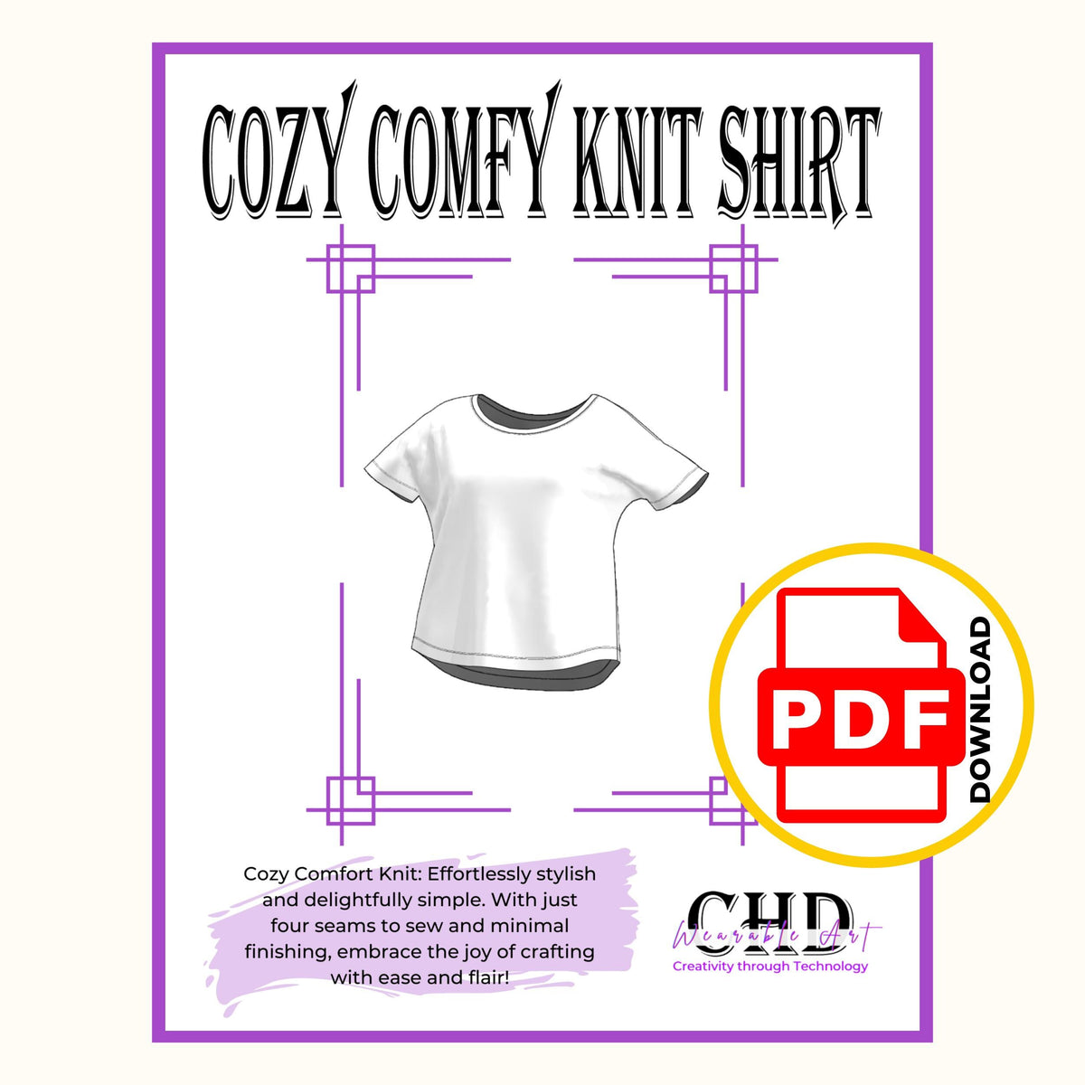 Cozy comfy knit shirt PDF pattern cover with a flat drawing of the dolman tee