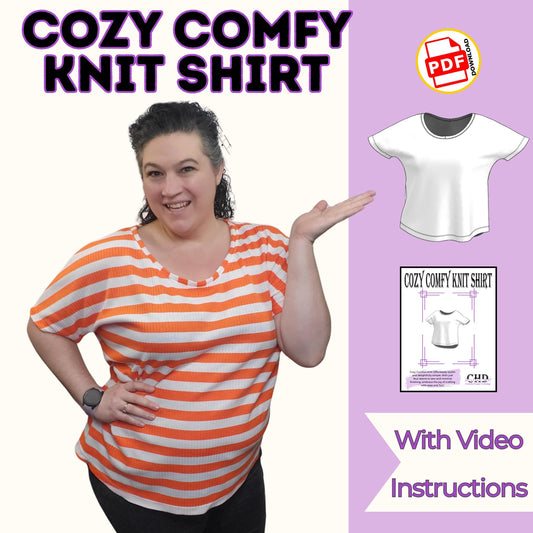 Cozy comfy knit shirt sewing pattern cover with a smiling woman in an orange and white striped dolman sleeve tee, with video