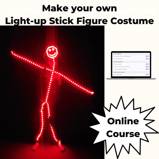 Make your own light-up stick figure costume online course with a glowing red LED stick figure