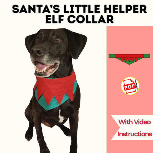 Santa's little helper elf collar sewing pattern cover with a black dog in a red and green pointed holiday collar, with video