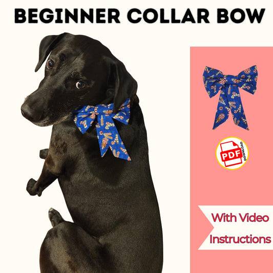 Beginner pet collar bow sewing pattern cover with a black dog wearing a blue candy cane print bow, with video
