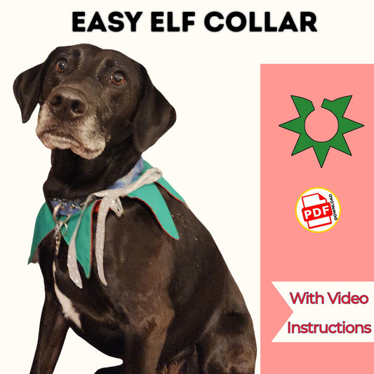 Easy elf collar sewing pattern cover with a black dog wearing a green pointed elf collar, with video
