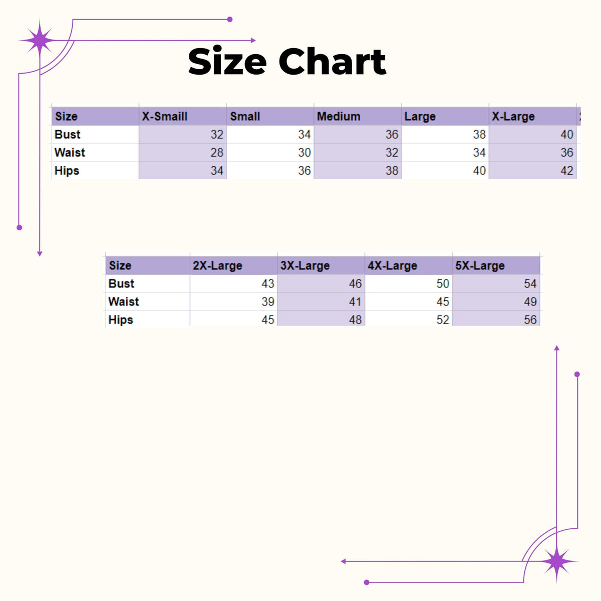 Cozy knit shirt size chart for sizes XS to 5XL with bust, waist and hips