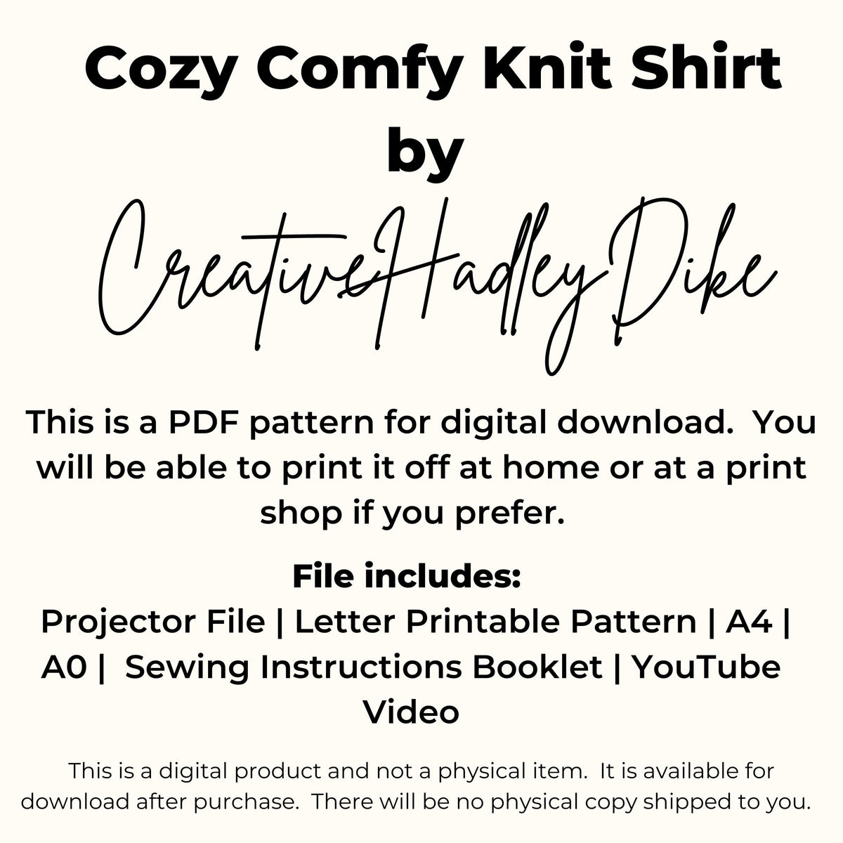 Cozy comfy knit shirt PDF pattern by Creative HadleyDike: projector, letter, A4 and A0 files, instructions and video
