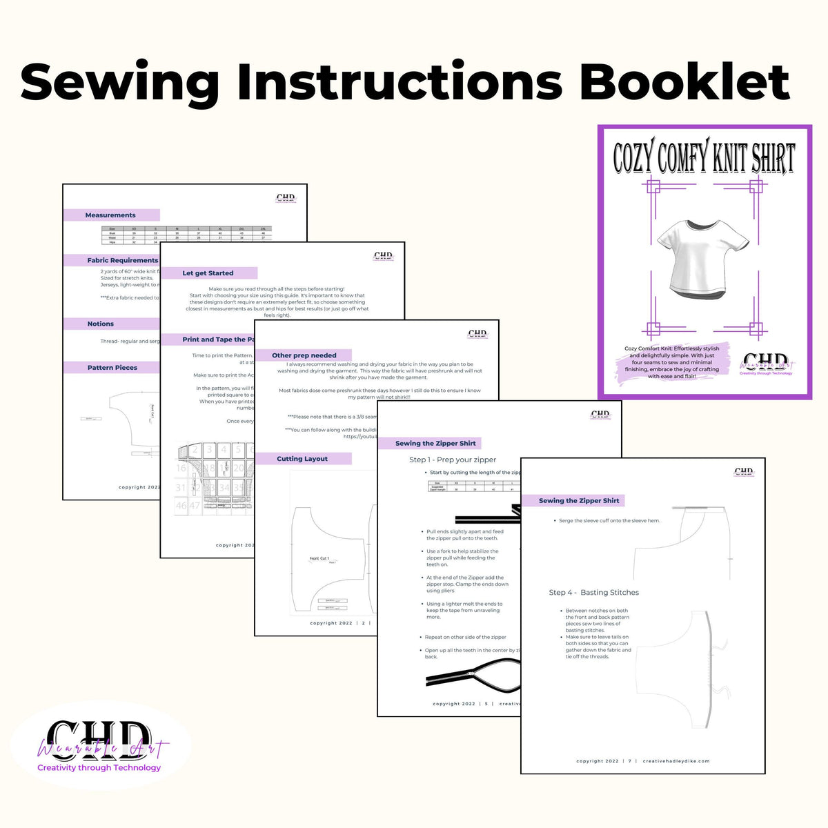 Sewing instructions booklet pages for the cozy comfy knit shirt