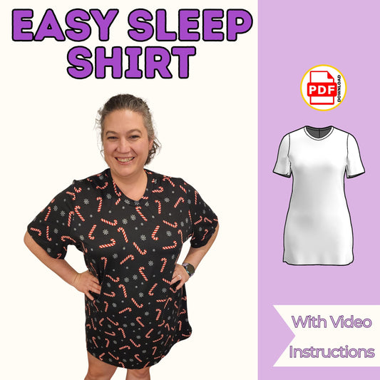 Easy sleep shirt sewing pattern cover with a smiling woman in a black candy cane print knit sleep shirt, with video
