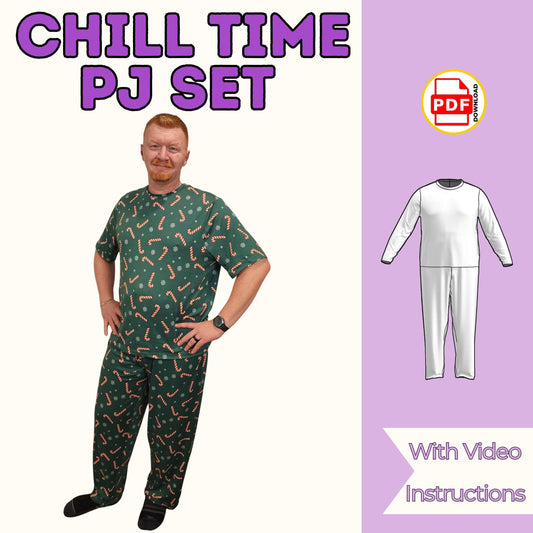Chill time PJ set sewing pattern cover with a man in green candy cane print pajama top and pants, with video