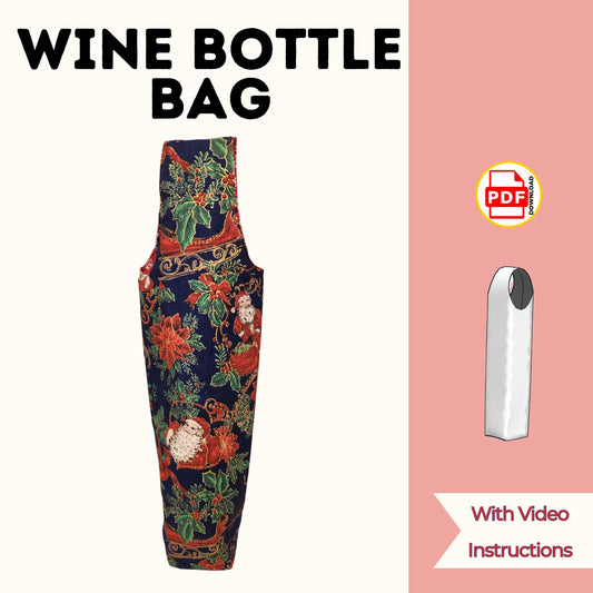 Wine bottle bag sewing pattern cover with a navy poinsettia print fabric wine gift bag, with video instructions