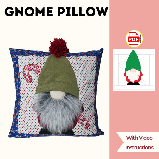 Gnome pillow sewing pattern cover with a pillow featuring a gnome with green hat, red pom pom and gray fur beard, with video