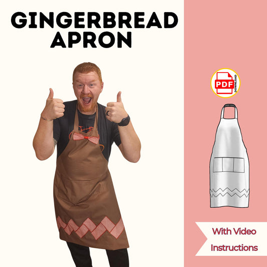 Gingerbread apron sewing pattern cover with a man giving two thumbs up in a brown apron with pink zigzag trim, with video