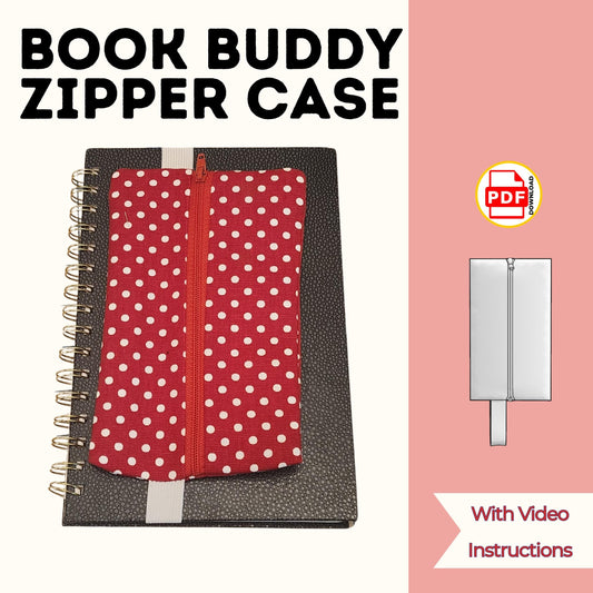 Book buddy zipper case sewing pattern cover with a red polka dot zipper pouch on a notebook, with video