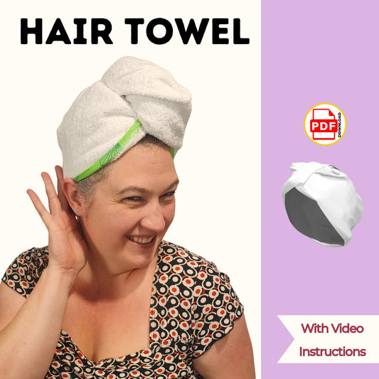 Hair towel wrap sewing pattern cover with a smiling woman wearing a white towel turban, with video instructions