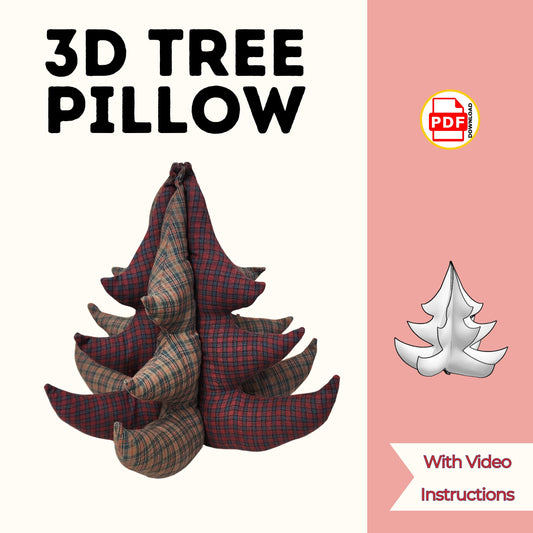 3D tree pillow sewing pattern cover with a red and tan plaid stuffed Christmas tree, with video instructions
