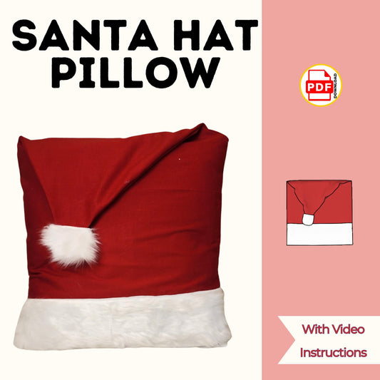 Santa hat pillow sewing pattern cover with a red pillow cover with white faux fur cuff and pom pom, with video