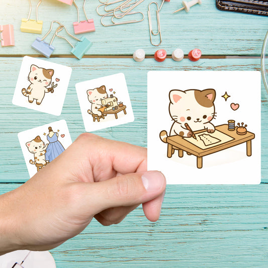 Hand holding a tan cat sewing sticker of a cat drafting at a table, with more cat stickers on a teal desk