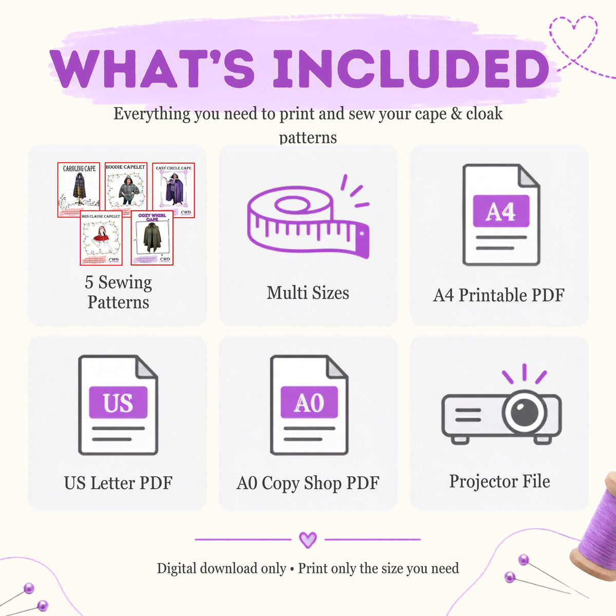 What's included in the cape and cloak bundle: 5 patterns, multiple sizes, A4, US Letter, A0 and projector files