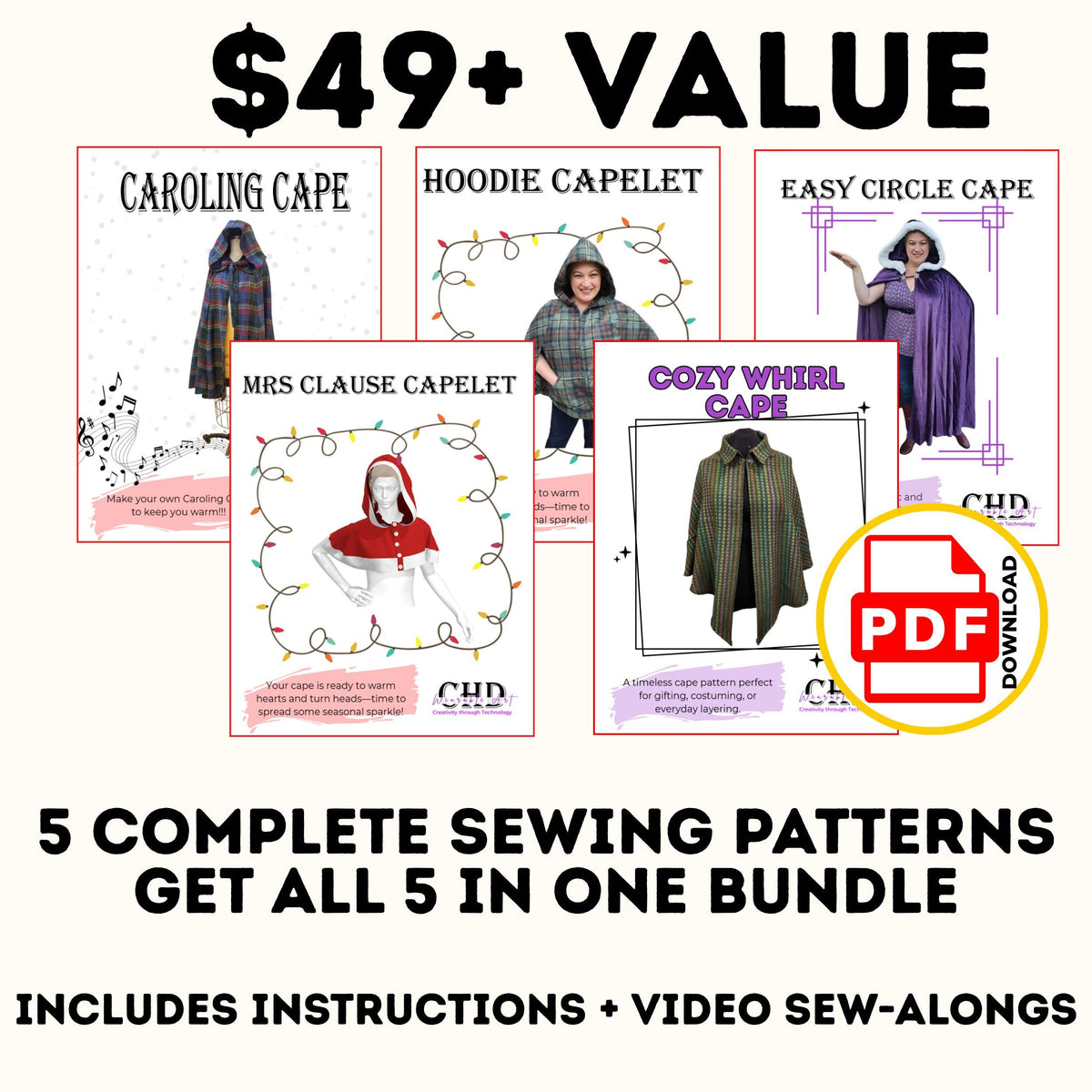 $49+ value: 5 complete cape and cloak sewing patterns in one bundle with instructions and video sew-alongs