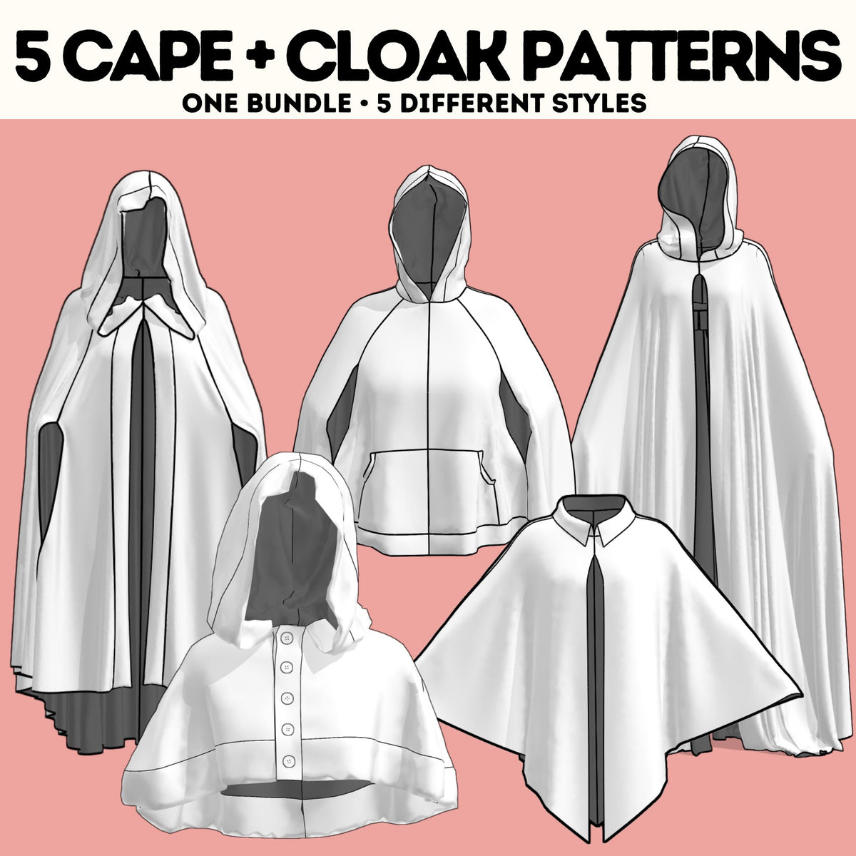 Technical flat drawings of the 5 cape and cloak patterns in the bundle