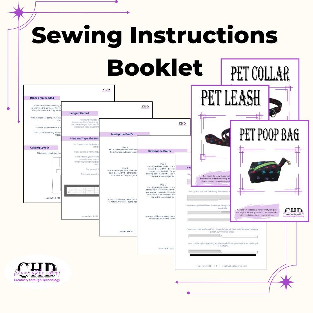 Sewing instructions booklets for the pet collar, pet leash and pet poop bag patterns