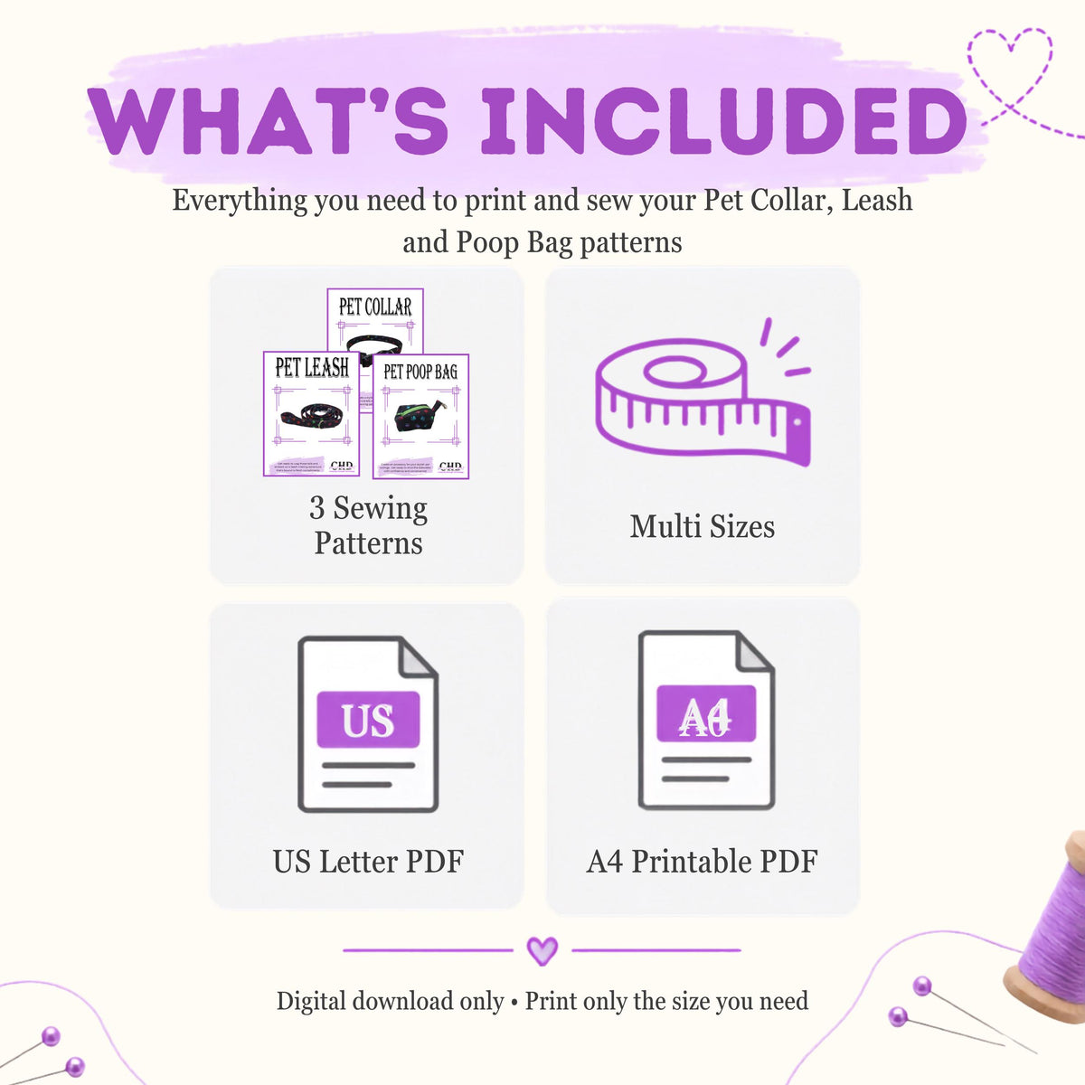 What's included in the pet bundle: 3 sewing patterns, multiple sizes, US Letter and A4 PDFs