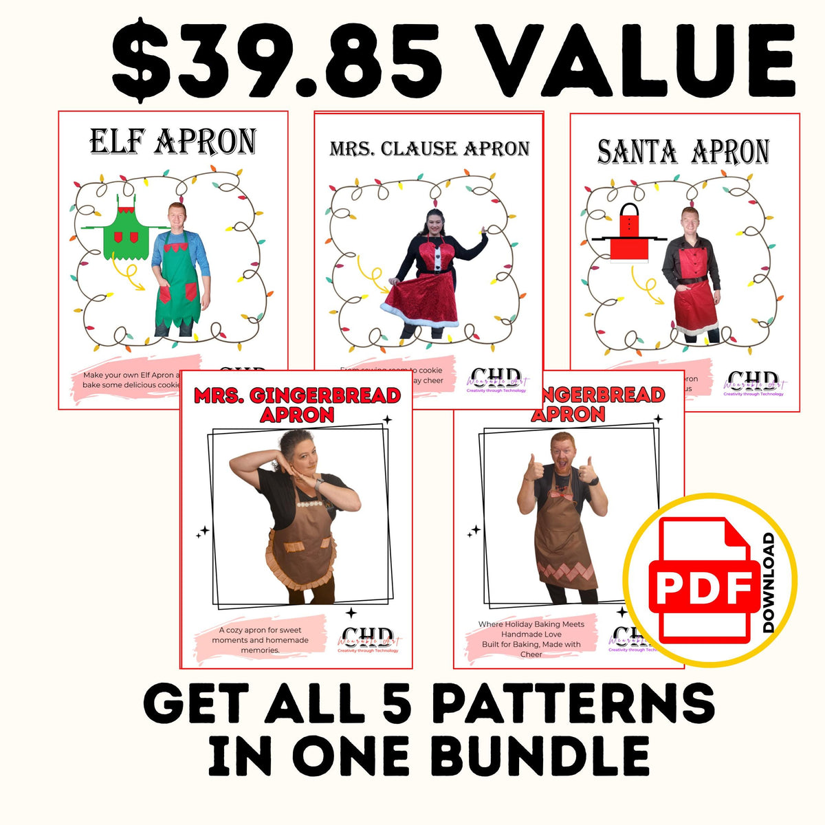 $39.85 value: get all 5 Christmas apron patterns in one bundle, shown as PDF pattern covers