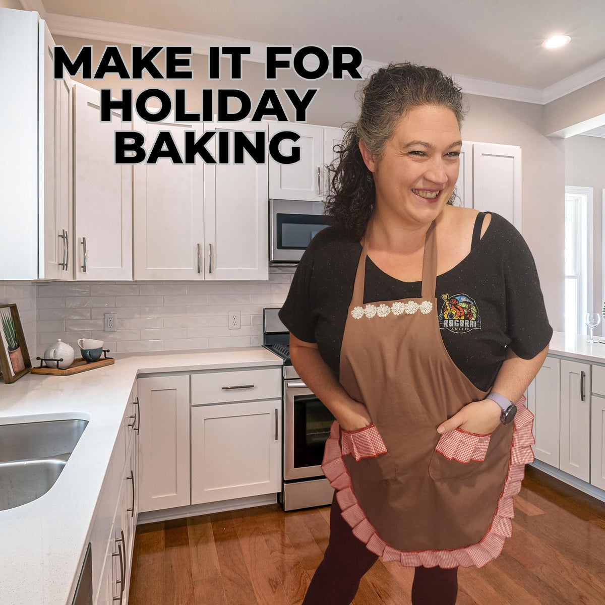 Woman wearing a brown Mrs gingerbread apron with ruffles, make it for holiday baking