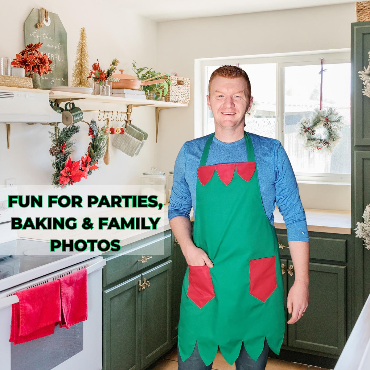 Man in a green elf apron with red pockets in a holiday kitchen, fun for parties, baking and family photos