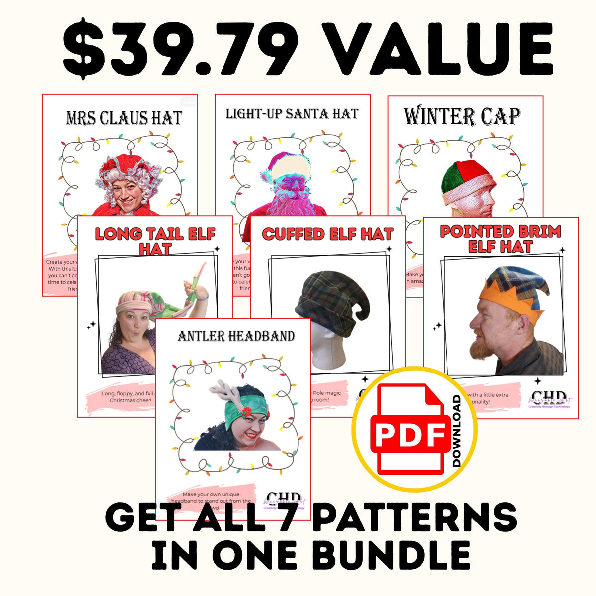 $39.79 value: get all 7 holiday hat patterns in one bundle, shown as PDF pattern covers